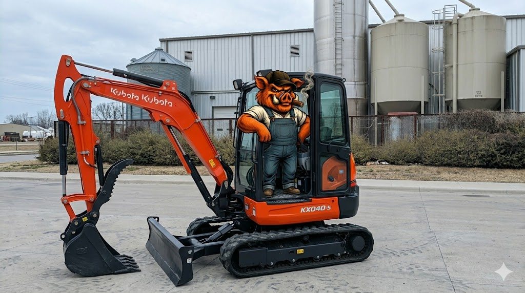 The Boss aboard his orange Kubota KX040-5 mini excavator